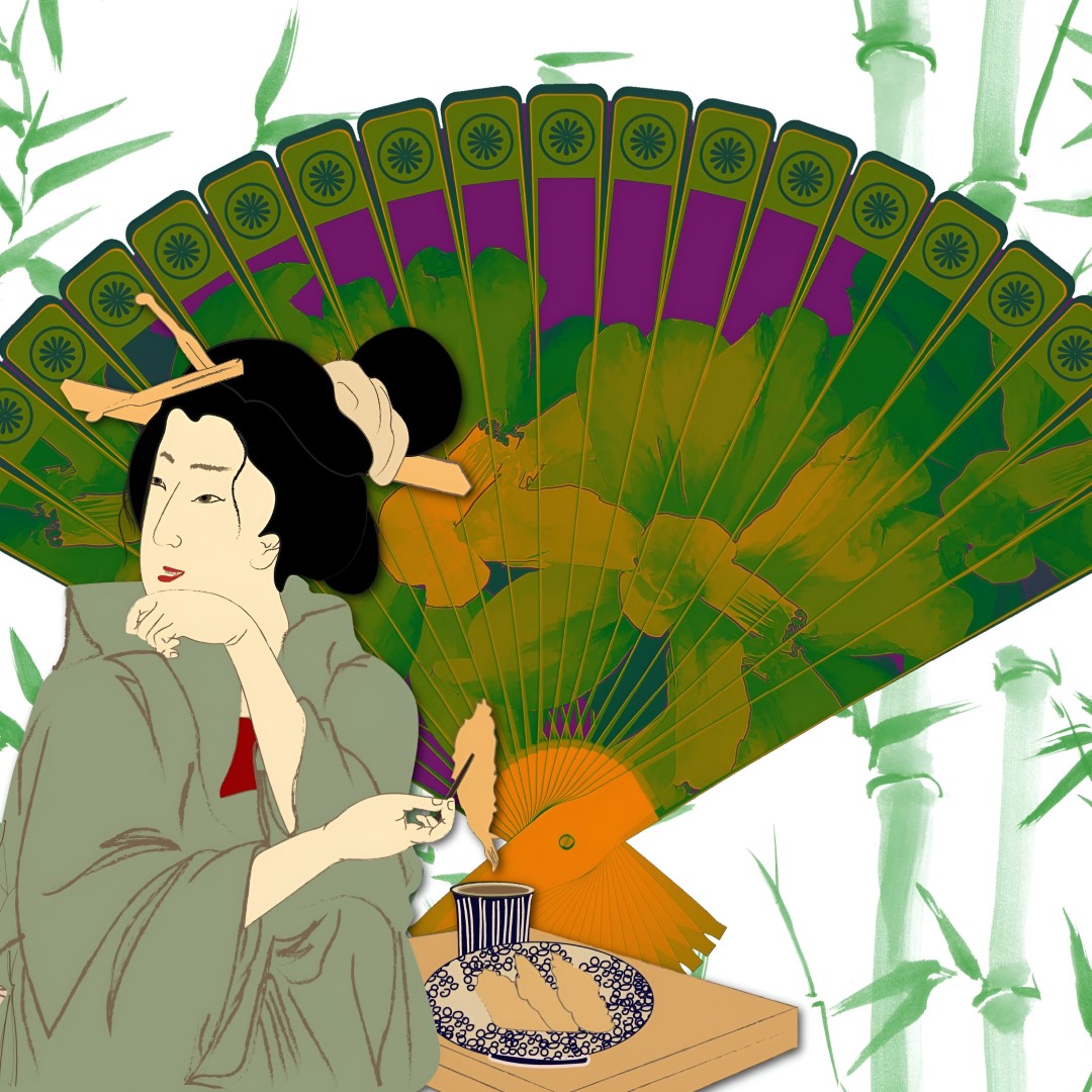 JPG.3 - 1x1 - 300dpi - Geisha with a big fan background (Aangepast)